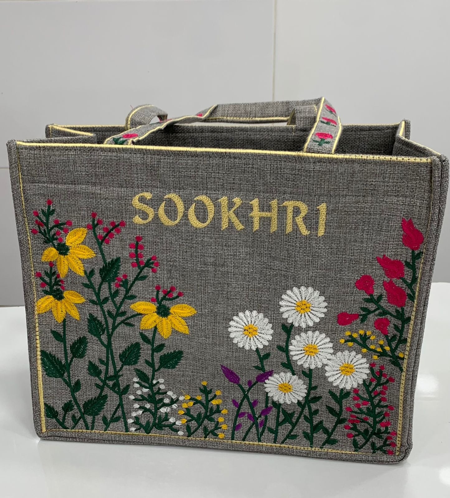 Traditional Jute Fabric Flower Embroidered Handbags