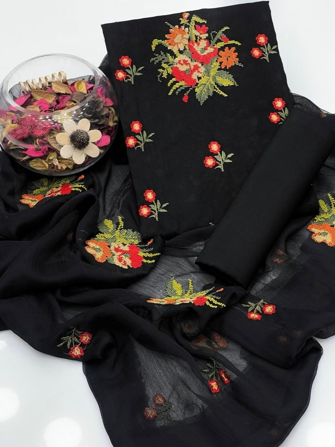 Floral Cross Stitch Embroidered Winter 3-Piece Dress β Soft Cotton & Chiffon Dupatta