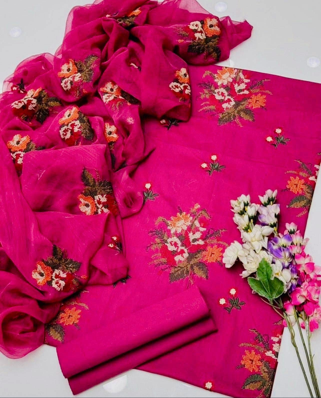 Cross Stitch Flower Jaal Embroidered 3pc