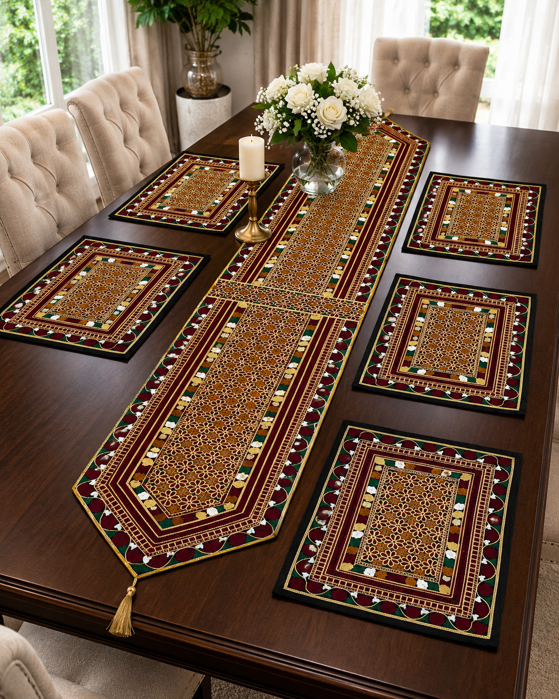 Dinning Table Embroidered Mats With Long Runner 7pc Set