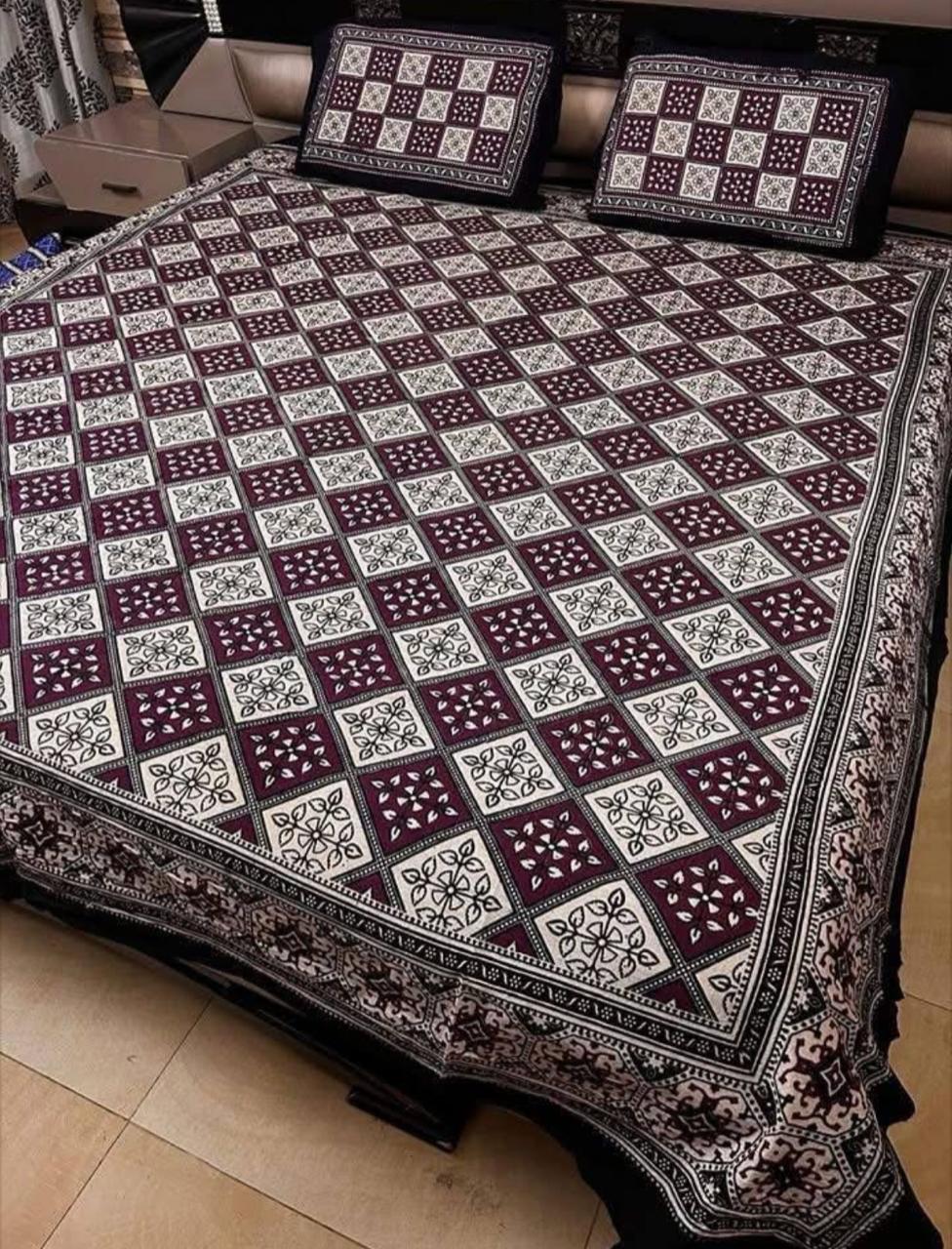 King Size Ajrak Block Hand Print Cotton Stuff Bedsheet Set with 2 Unstitched Pillow Covers