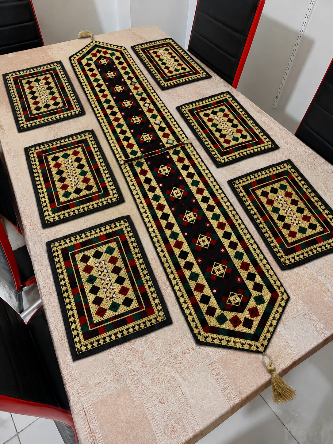 Dinning Table Embroidered Mats With Long Runner 7pc Set