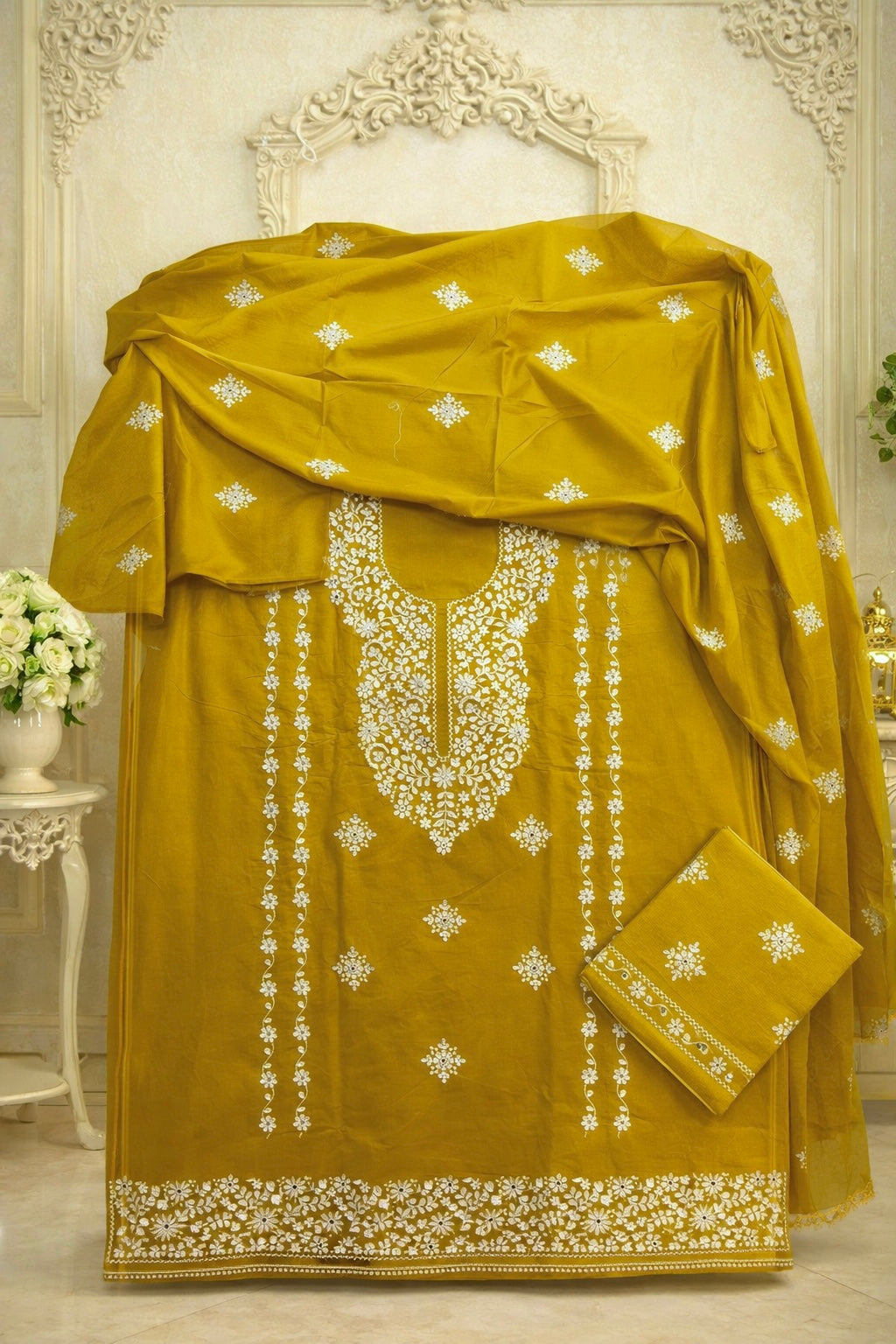Golden Mustard Soft Cotton 3PC Dress – 9MM Sitara Alterhead Tick Thread Embroidery Work