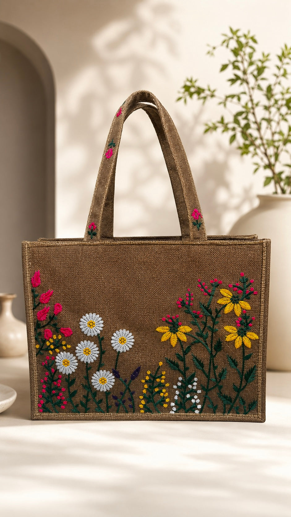 Floral Embroidered Jute Fabric Tote Bag – (14 Inches Length | 11 inches Width)