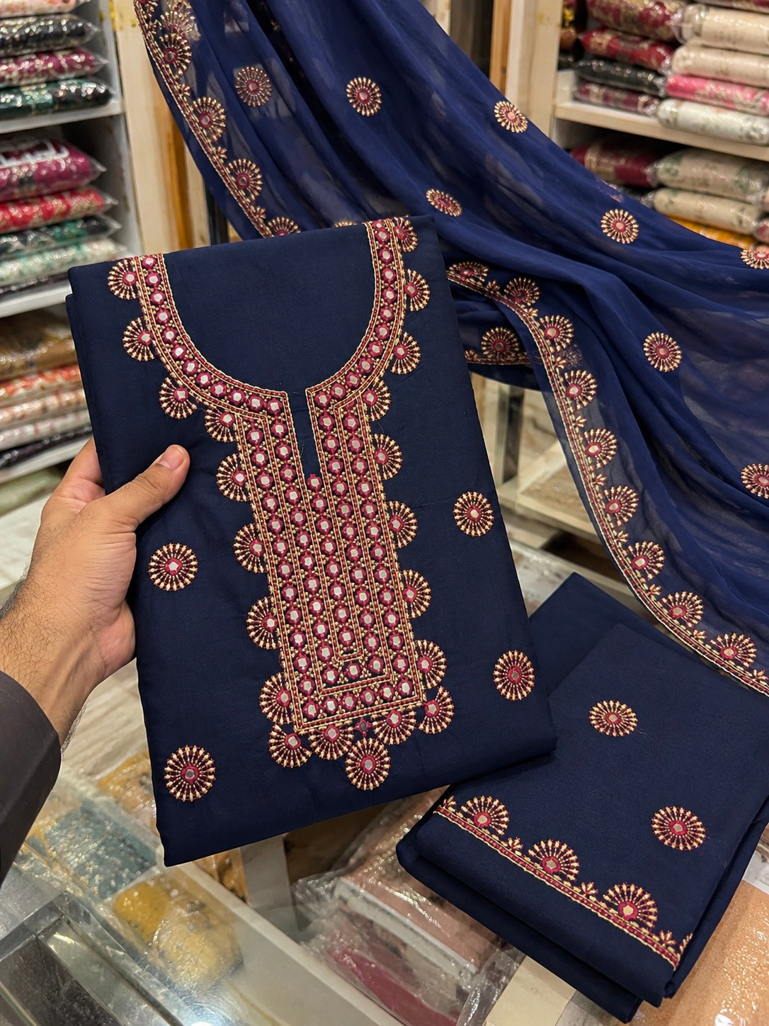 9MM Sitara Resham Thread Machine Embroidered Soft Cotton with Chiffon Dupatta - 3PC Unstitched Dress π