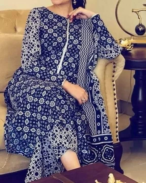 Blue Ajrak Block Print 3 Piece Dress – Soft Cotton Fabric