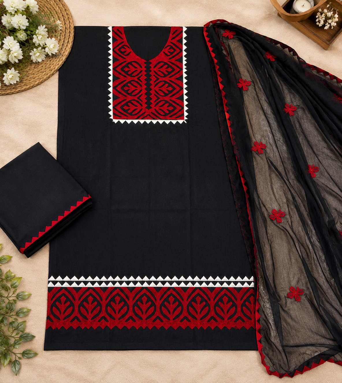 Handmade Applique Lawn Cotton with Chiffon Dupatta - 3PC Unstitch Dress