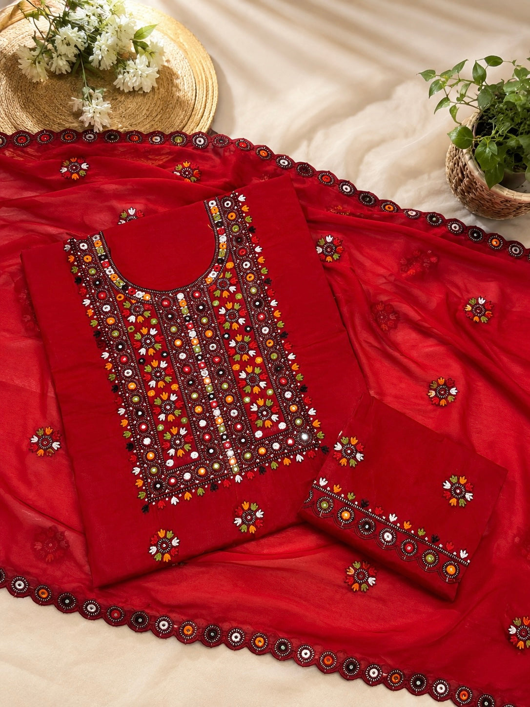 Multi Balochi Thick Thread Sitara Embroidered Soft Cotton with Cutwork Border Chiffon Dupatta - 3PC Unstitched Dress π