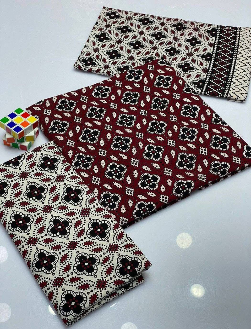 Hand Block Print Ajrak Cotton Unstitched 3-Piece Suit | All-Season Wear