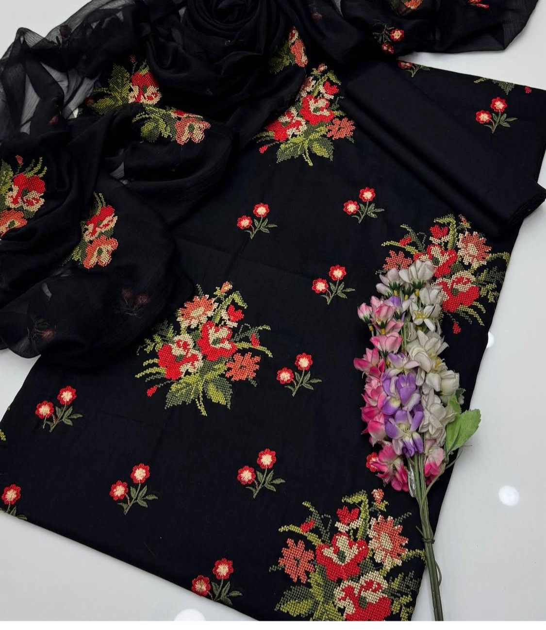 Cross Stitch Flower Jaal Embroidered 3pc