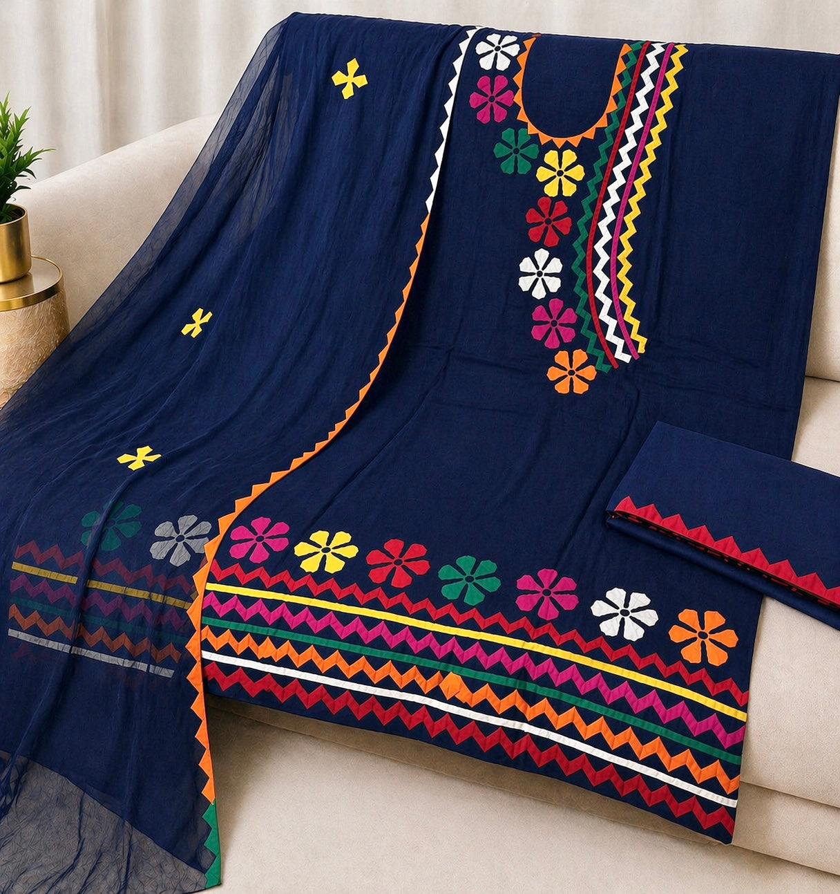 Angrakha Neck Style Multi Applique Work Handmade Lawn Cotton with Chiffon Dupatta - 3PC Unstitch Dress π