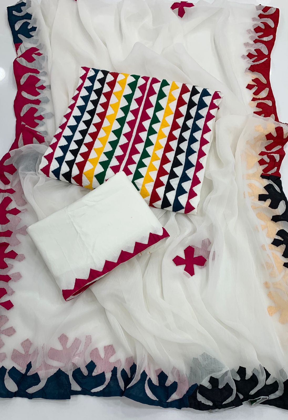 Multicolor Applique 3-Piece Dress – Soft Cotton with Chiffon Dupatta