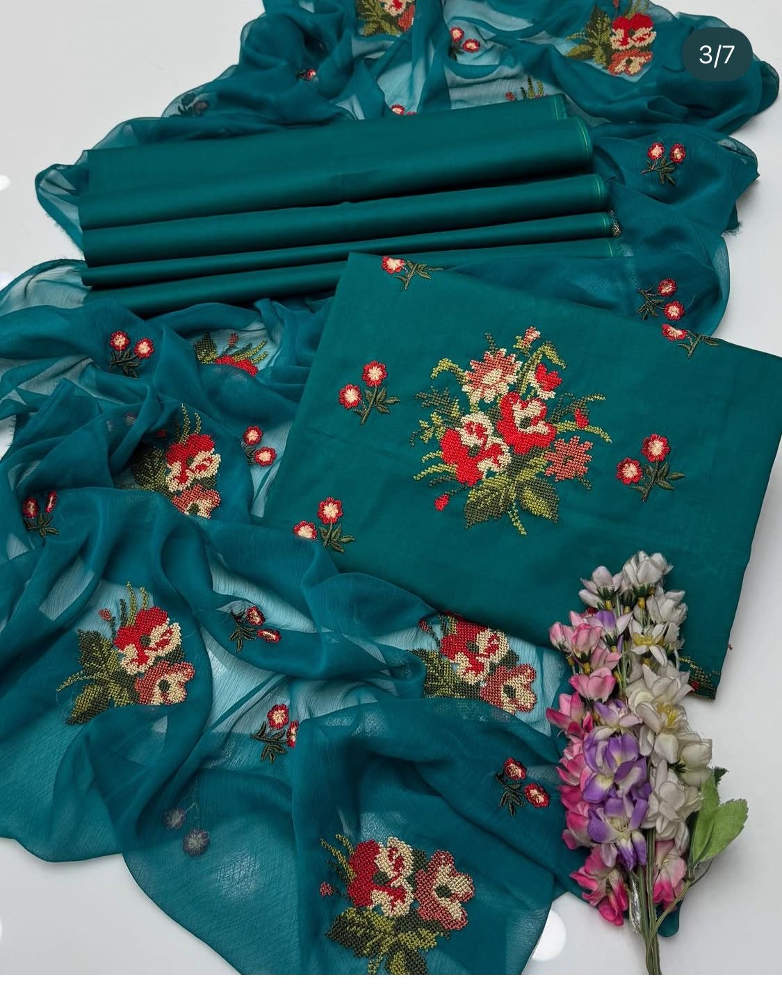 Cross Stitch Flower Jaal Embroidered 3pc
