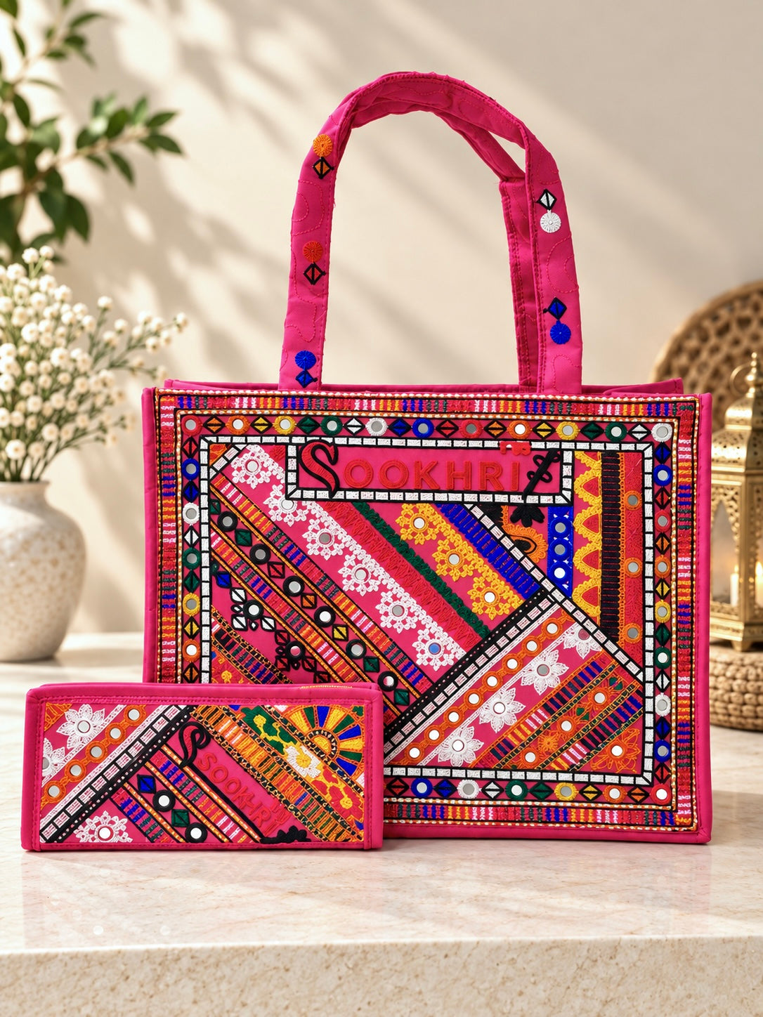 Traditional Multi-Pattern Embroidered Handbag with Matching Clutch – Antique Design