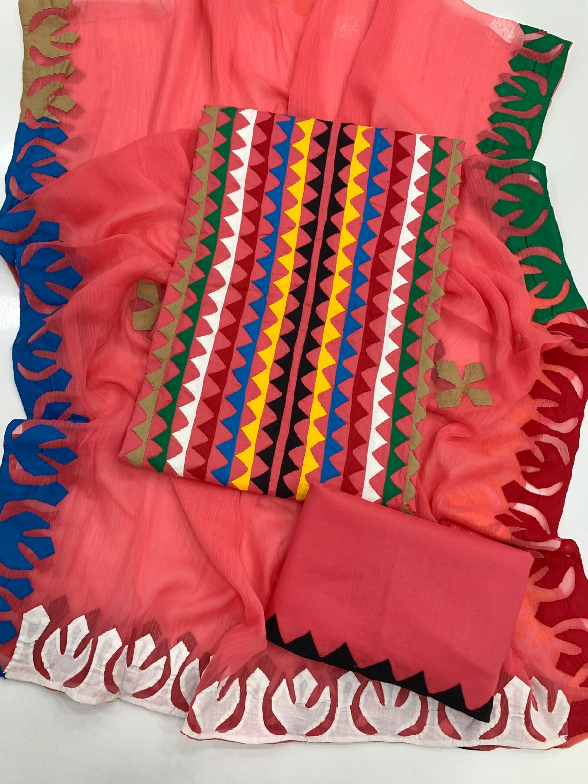 Multicolor Applique 3-Piece Dress – Soft Cotton with Chiffon Dupatta