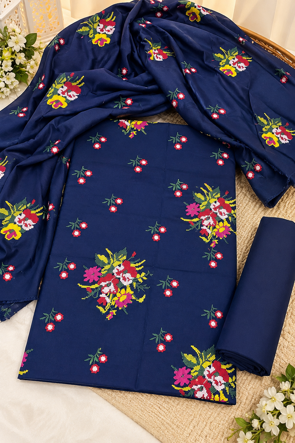Premium Dhanak Fabric Cross Stitch Multi Flower Bunches Embroidered 3-Piece Unstitched Suit