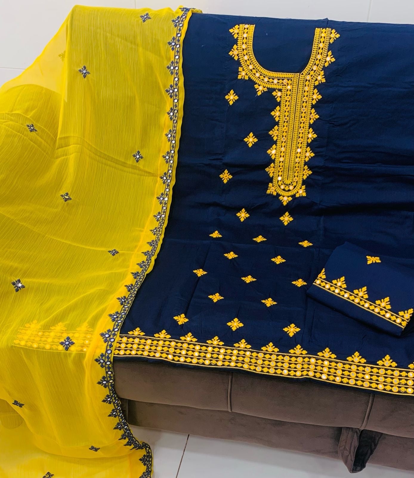 Soft Cotton Suit with 9mm Sitara Computer Embroidery & Contrast Chiffon Dupatta