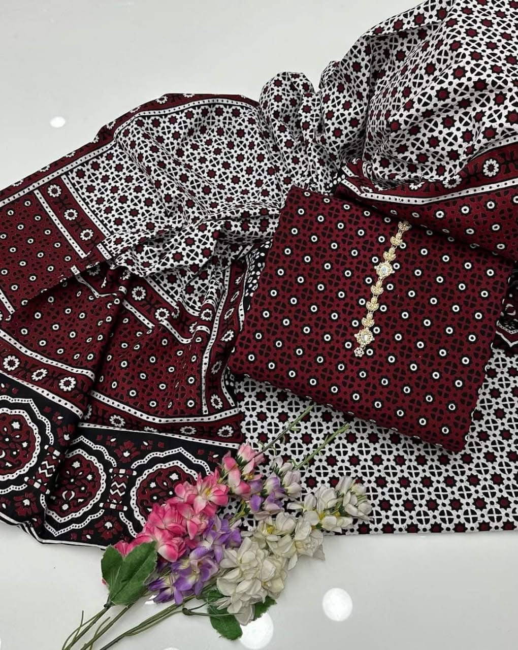 Ajrak Block Print 3 Piece Dress – Soft Cotton Fabric