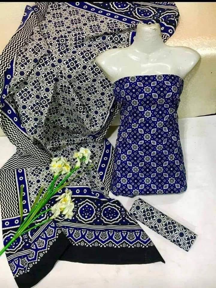 Blue Ajrak Block Print 3 Piece Dress – Soft Cotton Fabric