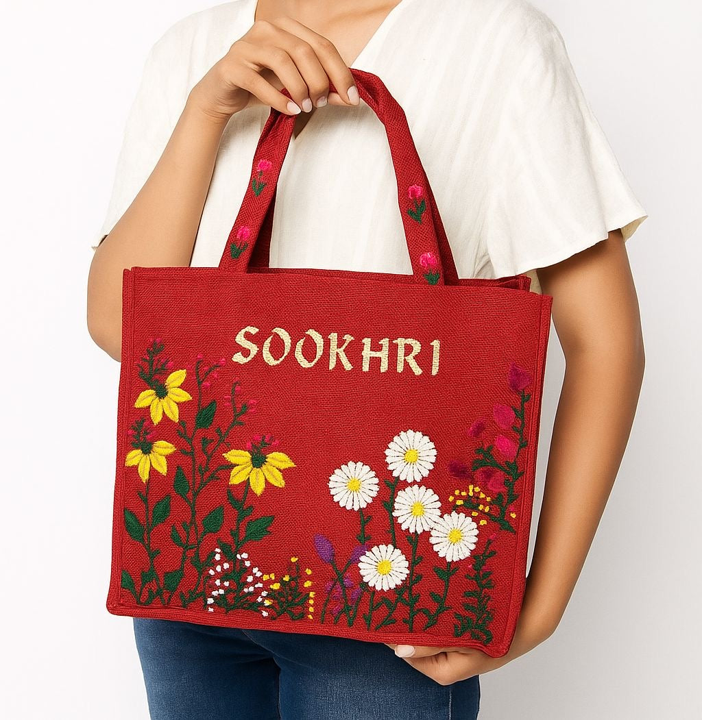 Traditional Jute Fabric Flower Embroidered Handbags
