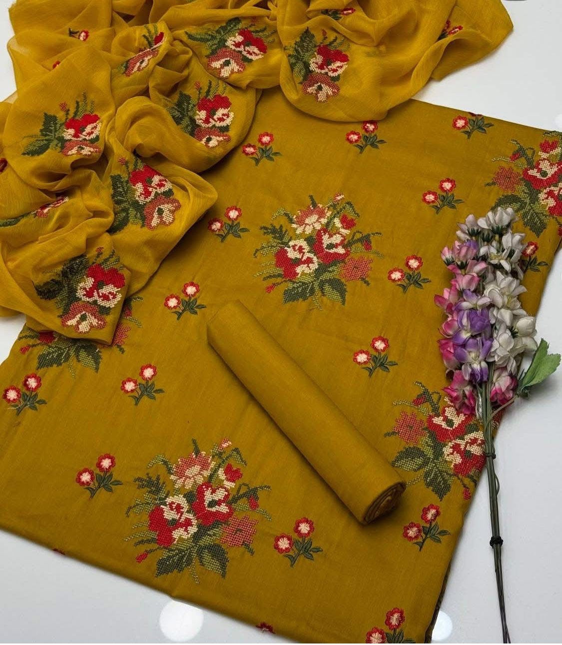 Cross Stitch Flower Jaal Embroidered 3pc