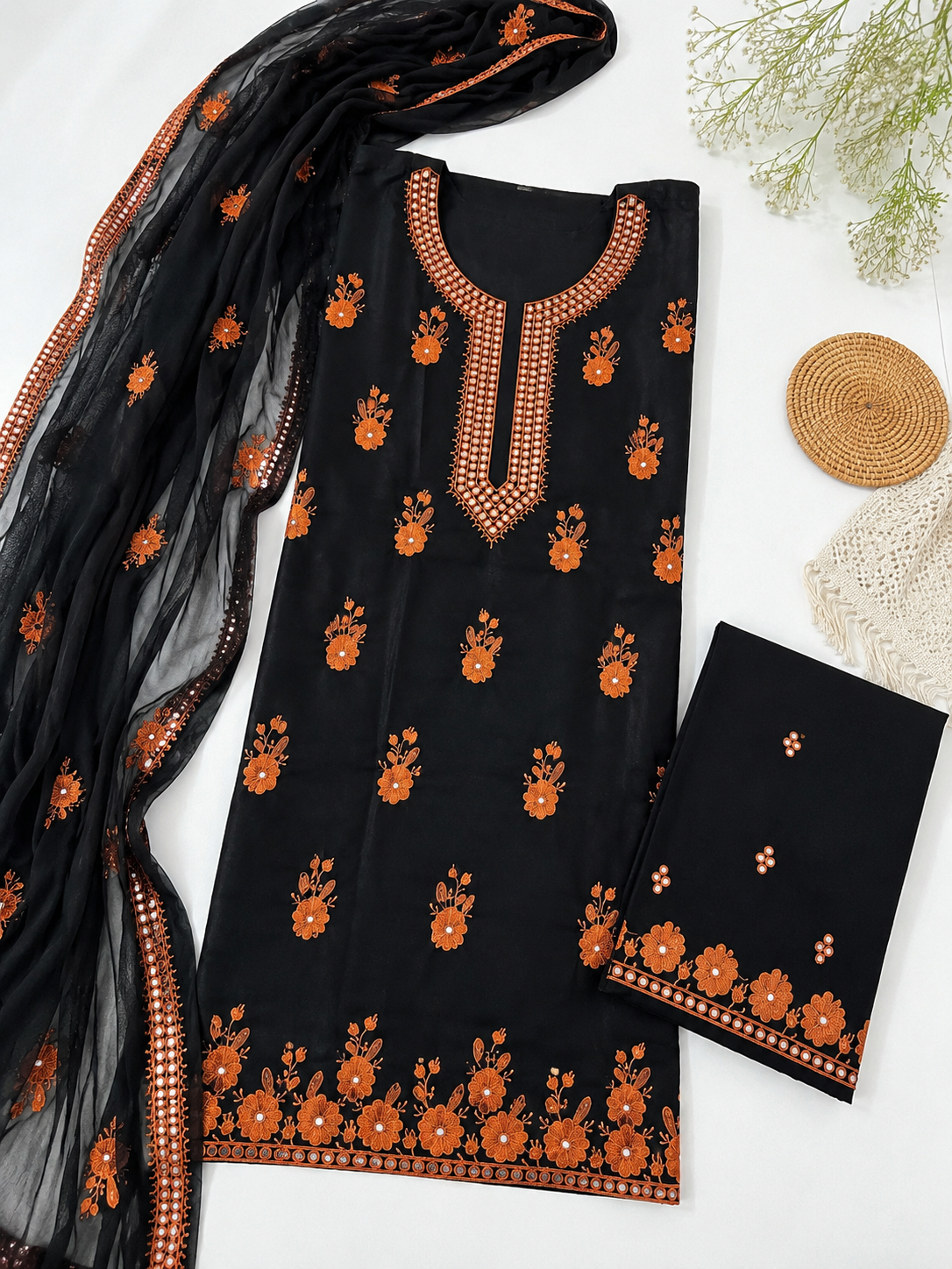 Sitara Sequence Embroidered Lawn Cotton Shirt & Trouser with Two-Side Border Chiffon Dupatta β 3PC Unstitched Dress π