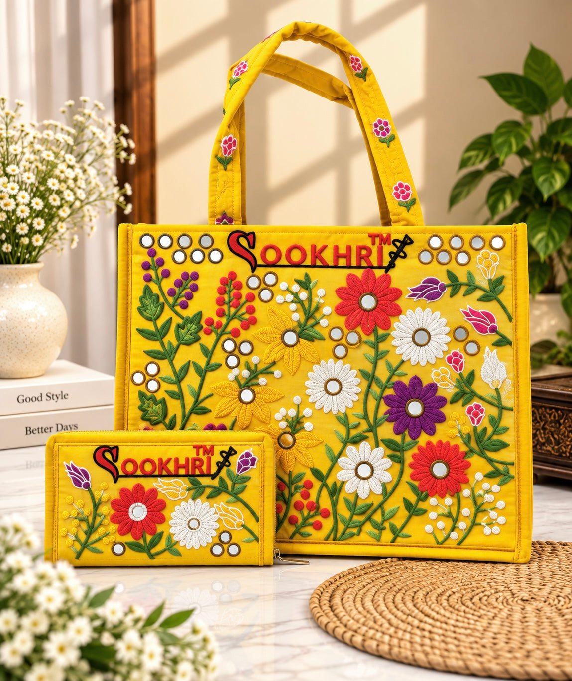 Traditional Multi-Pattern Antique Embroidered Handbag with Matching Clutch