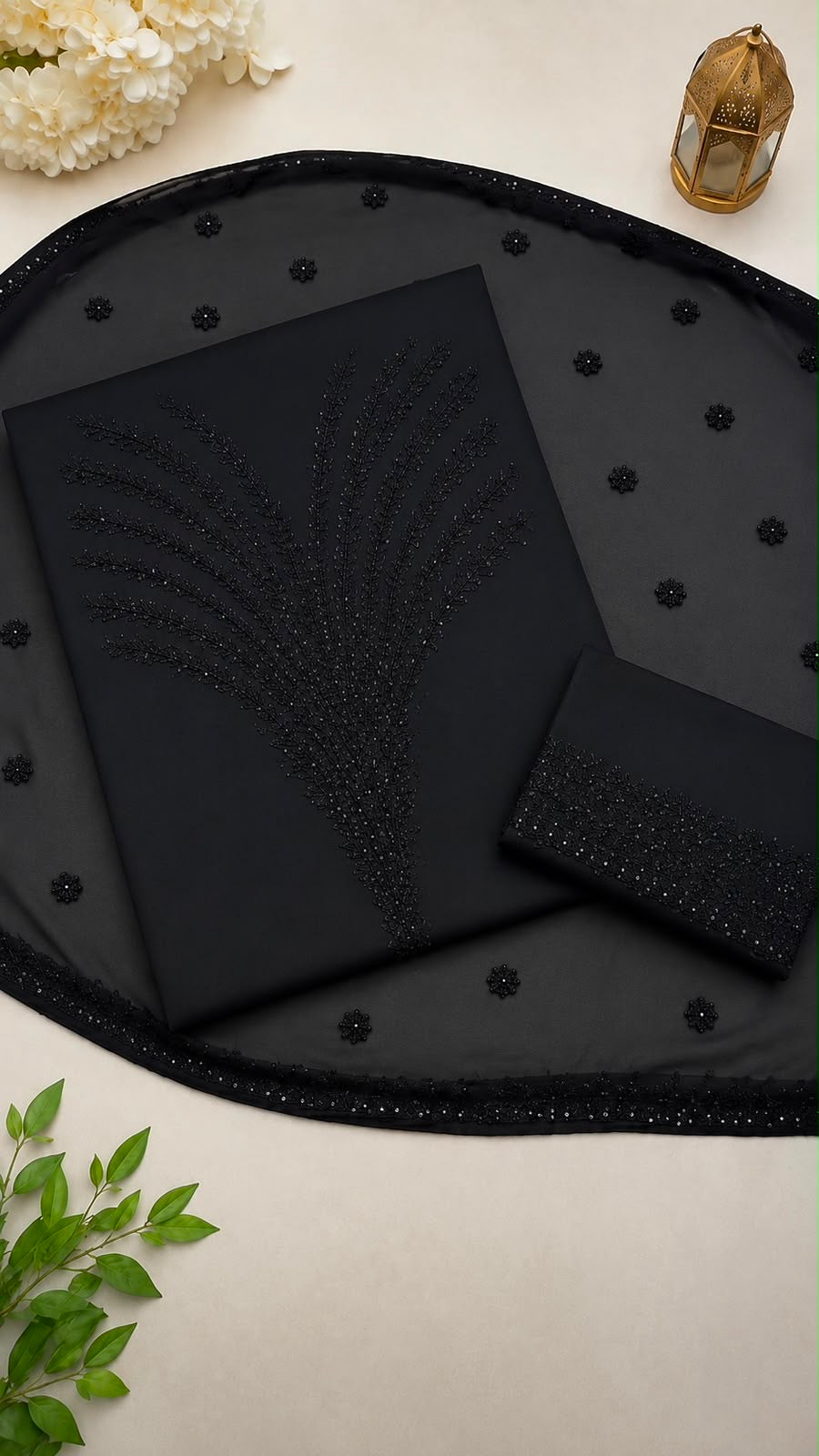 Black 3MM Sitara Embroidered Heavy Gala Daman Lawn Cotton Fabric with Embroidered Chiffon Dupatta | 3PC Unstitched Suit