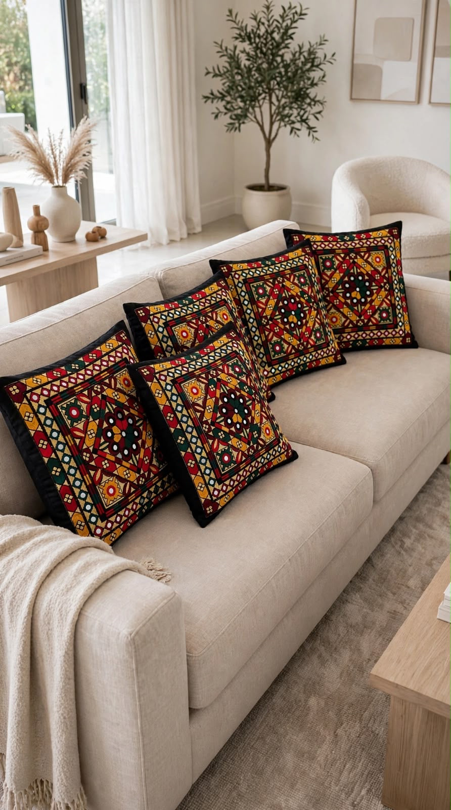 Traditional Embroidered Cushion Cover Set (5 Pieces) – 16x16 Inches