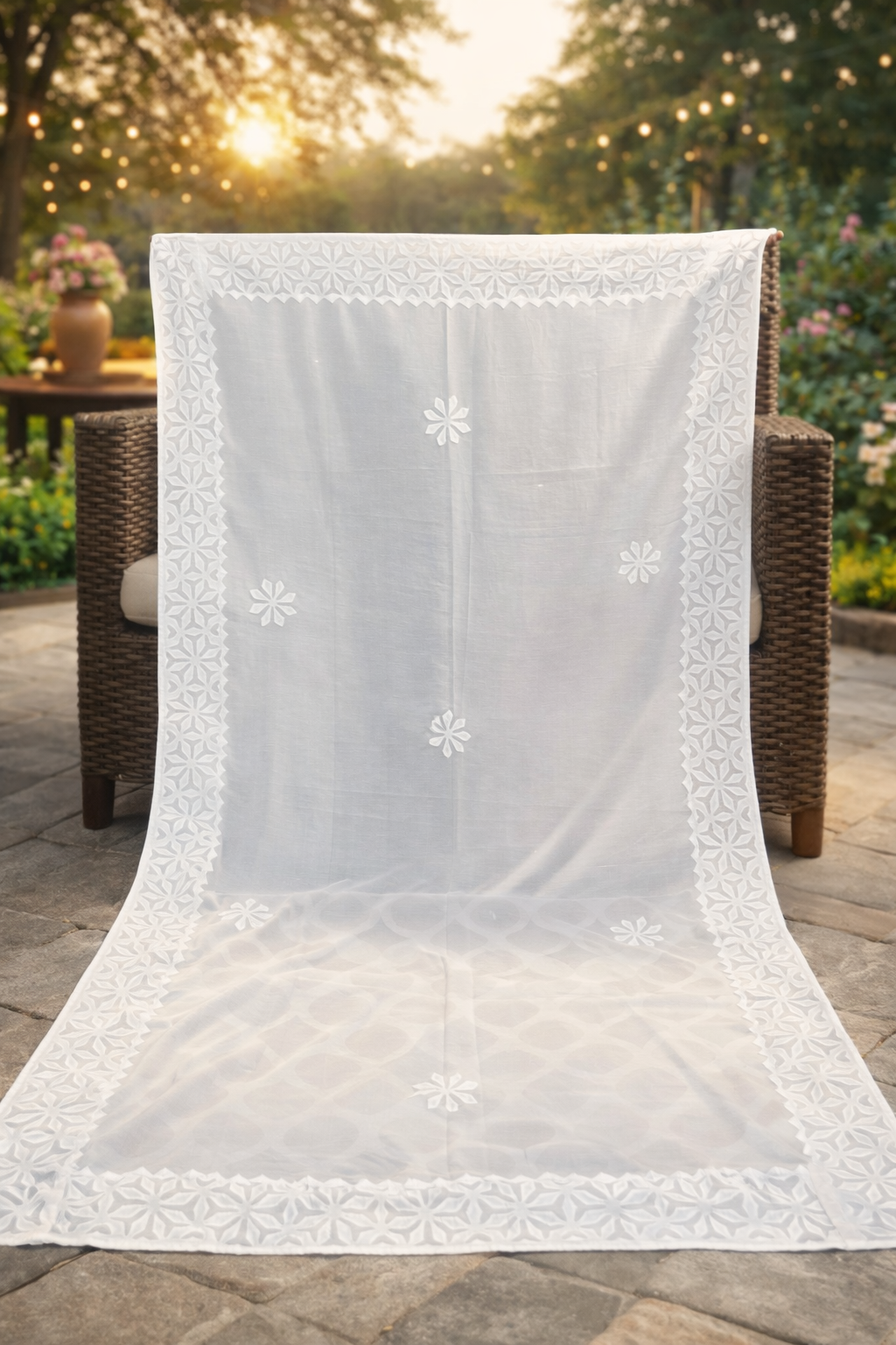 Handmade White Applique Work Swiss Voile Long Size Chadar