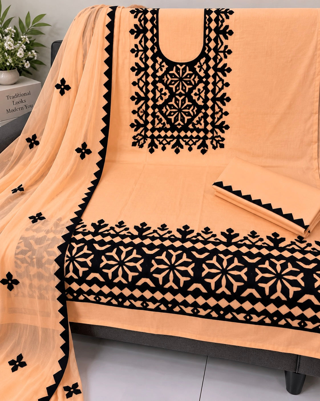 Pure Fancy Handmade Applique Work Soft Cotton Suit with Chiffon Dupatta β 3 Piece Unstitched Dress π