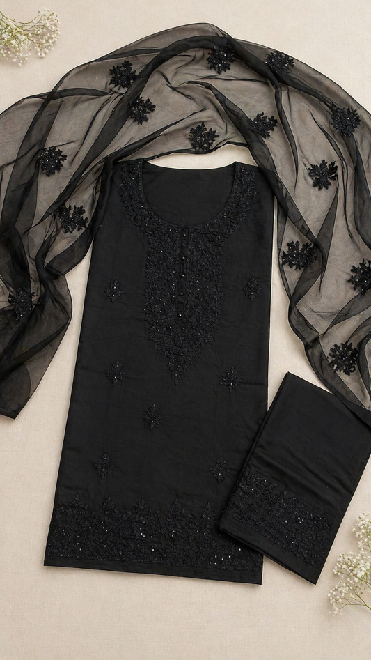 Black 3MM Sitara Thick Thread Embroidery Lawn Cotton with Chiffon Dupatta - 3PC Unstitch Dress β Elegant Party Wear