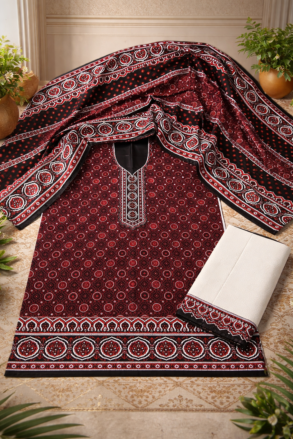 Ajrak Print Premium Lawn Cotton 3-Piece Unstitched Dress π