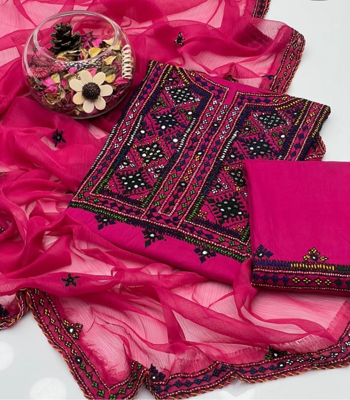 Balochi Handcrafted 3-Piece Suit with Original Mirror Work – Soft Cotton & Chiffon Dupatta