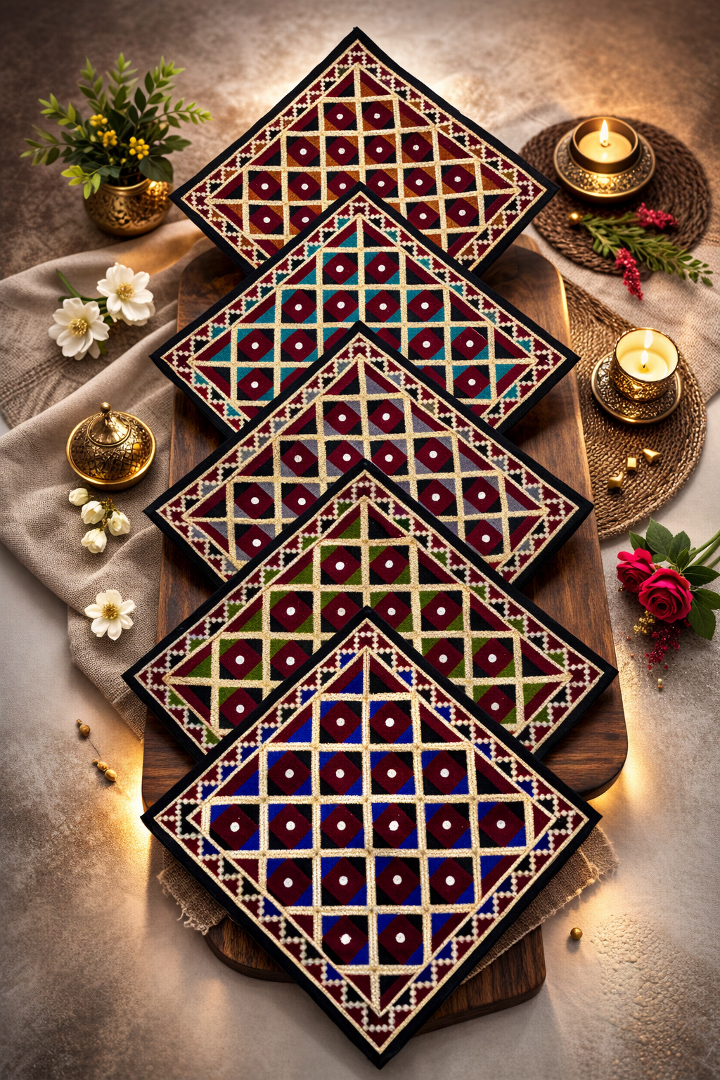 Traditional Embroidered Cushion Cover Set (5 Pieces) – 16x16 Inches