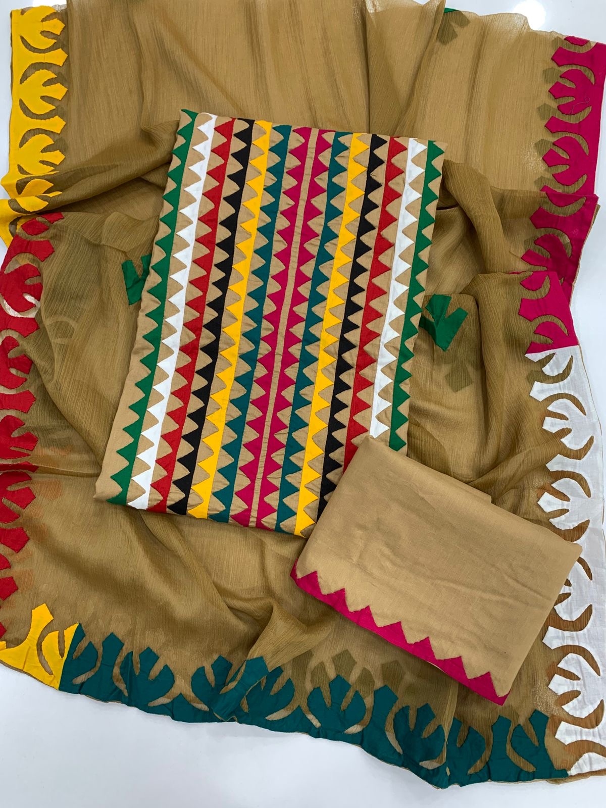 Multicolor Applique 3-Piece Dress – Soft Cotton with Chiffon Dupatta