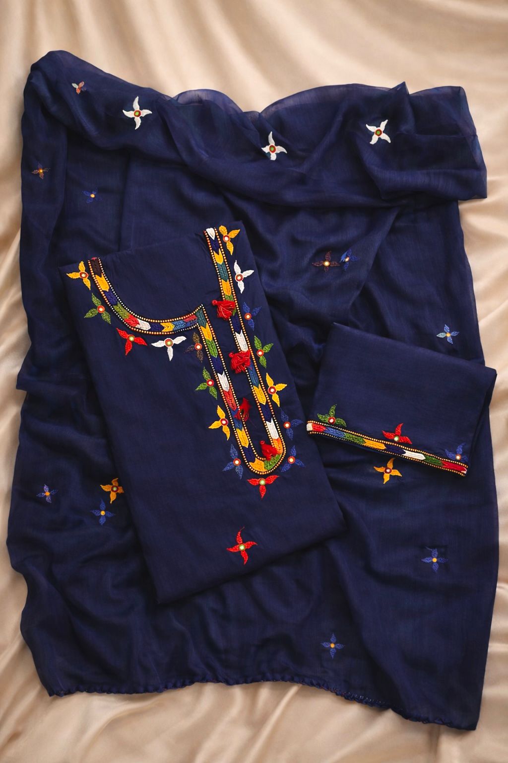 Village Work Handmade Soft Cotton With Chiffon Dupatta - 3PC Unstitch Dress π