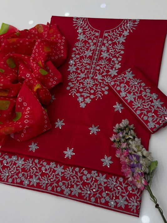 3MM Sequence Sitara Thick Thread Embroidered Lawn Cotton with Chunri Digital Print Chiffon Dupatta - 3PC Unstitch Dress π