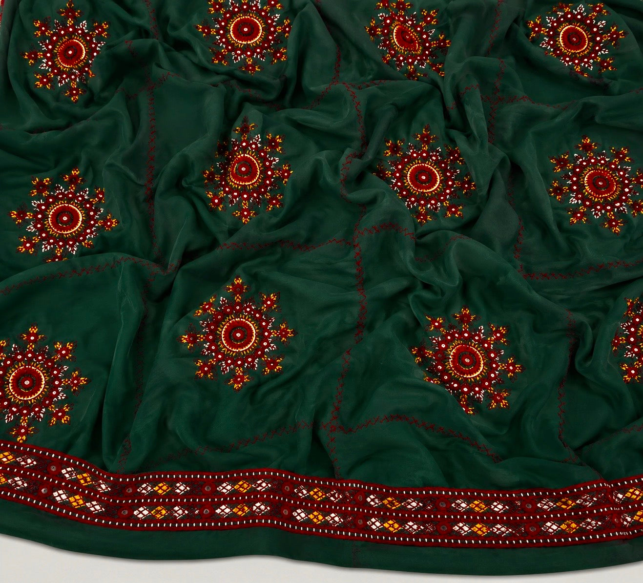 9MM Sitara Thick Thread Heavy Bunches Embroidery with Two Side Border - Swiss Lawn Chadar