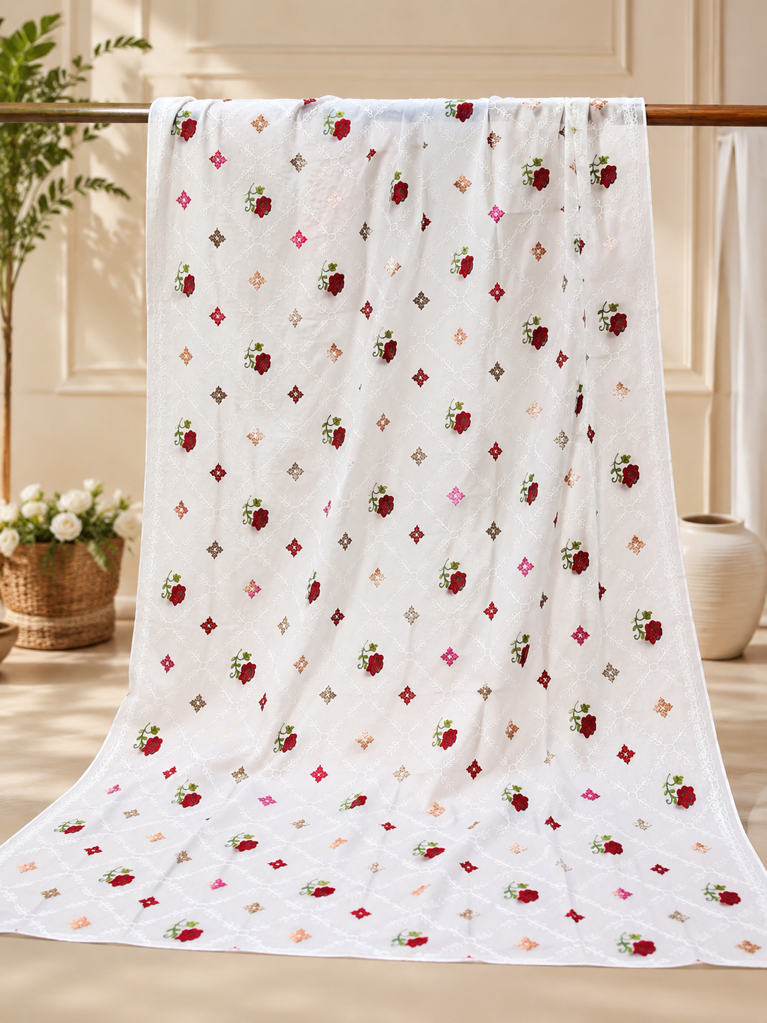 Flower Check Style Full Jaal Computer Embroidered Ladies Chadar – Swiss Voile Fabric
