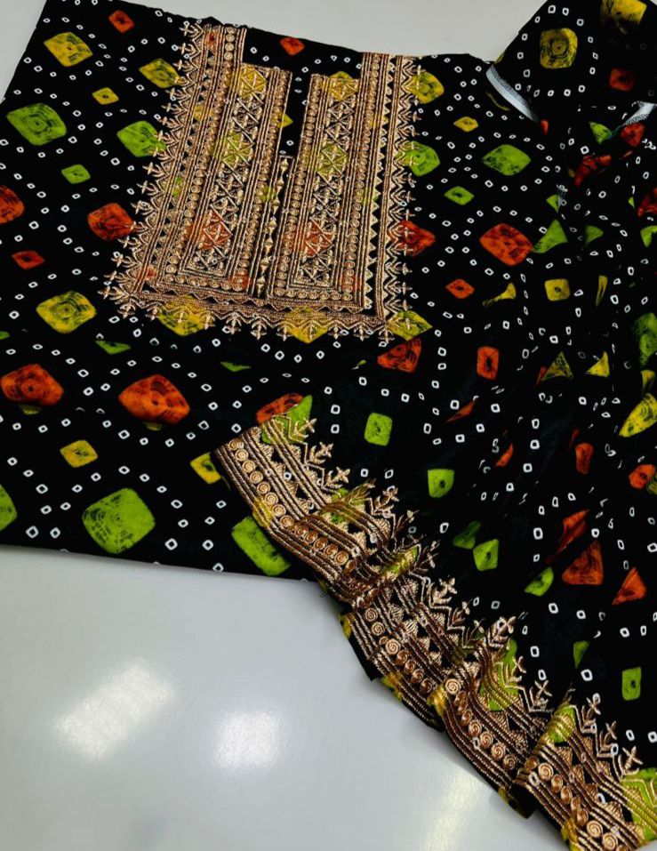 2-Piece Soft Cotton Chunri Suit with Zari Mirror Neck Embroidery