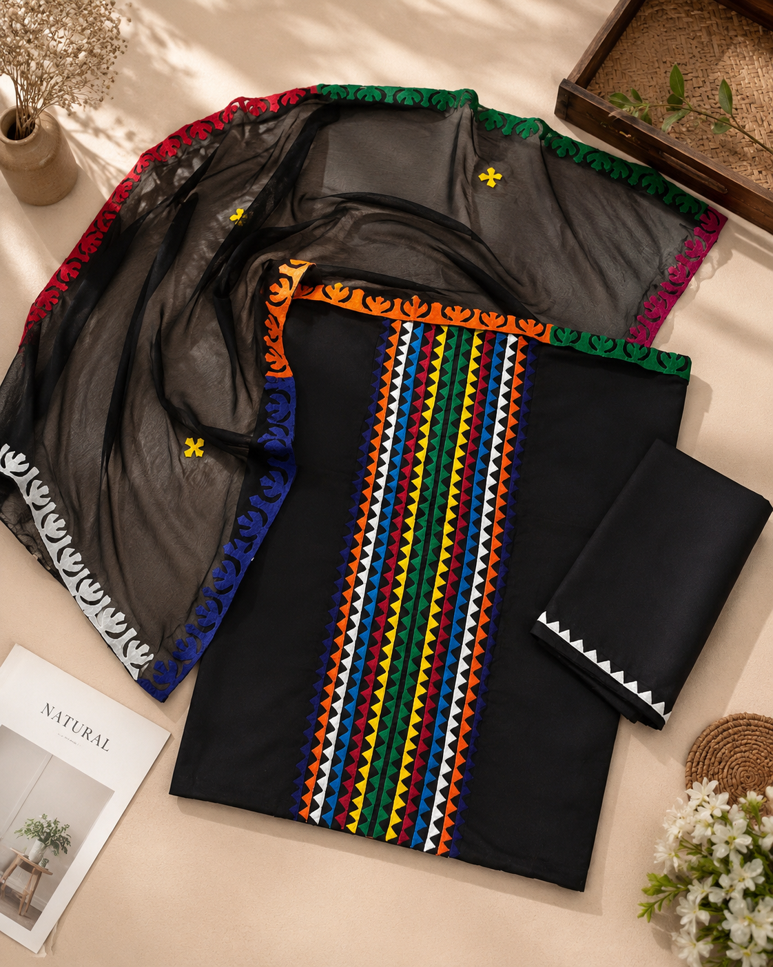 Applique Multi Zig Zag Front Panel Handmade Soft Cotton with Chiffon Dupatta - 3PC Unstitch Dress π