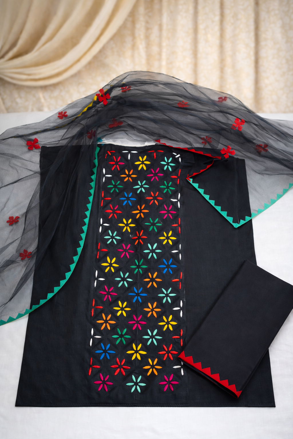 Black with Multi Flower Applic Net Front Panel Handwork Soft Cotton with Applic Net Dupatta - 3PC Unstitch Dress π