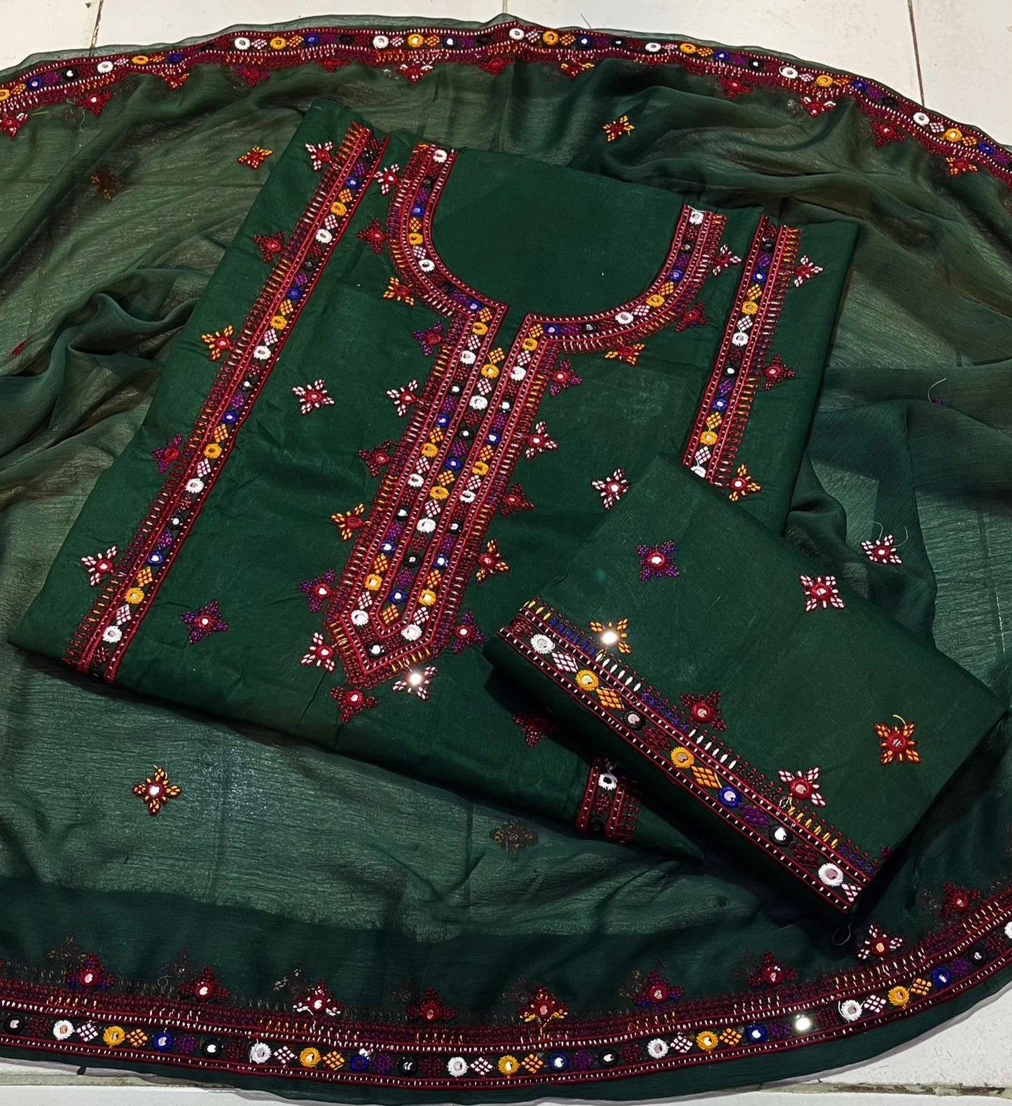 Balochi Gala Bail Daman Soft Cotton Thick Thread Embroidered 3-Piece Unstitched Suit