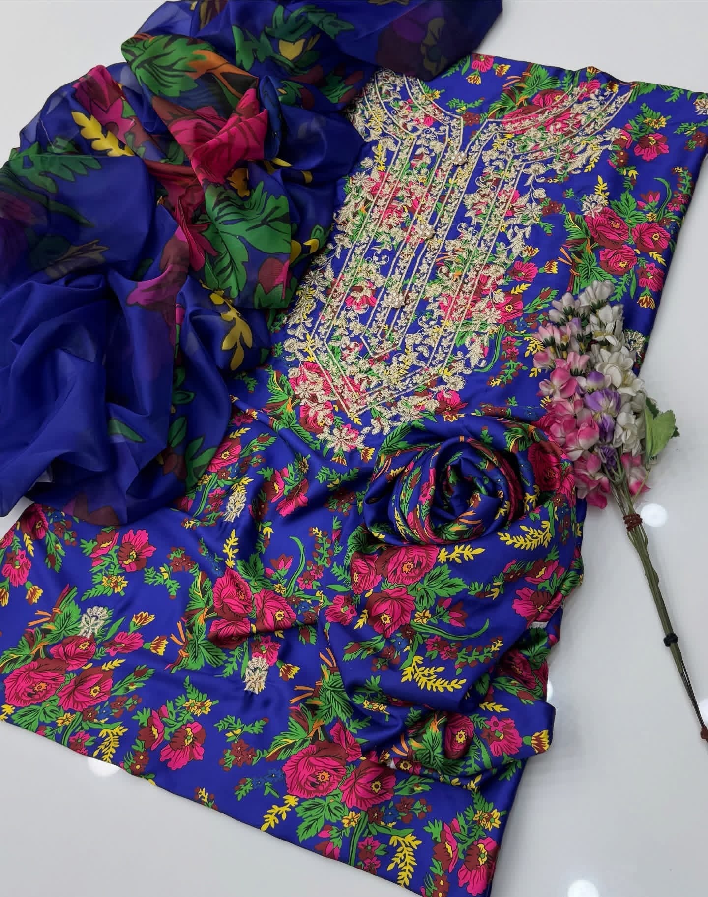 Premium Shamose Silk 3-Piece Zari Neck Embroidered Suit