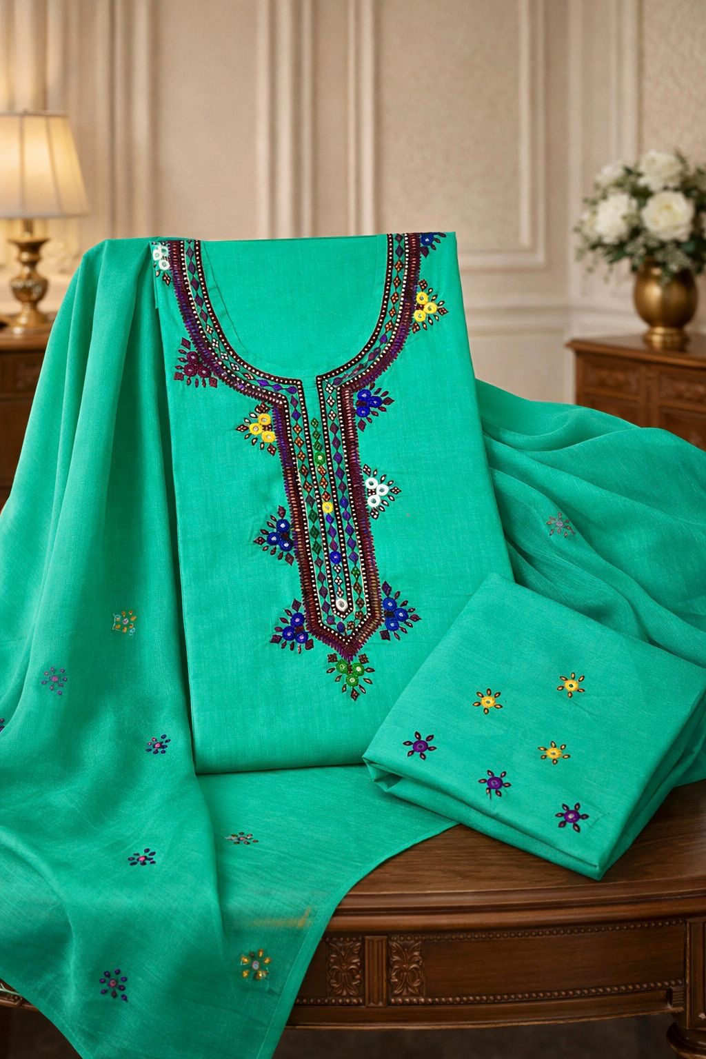 Balochi Gala Handwork 3-Piece Suit | Original Mirror Work | Soft Cotton & Chiffon Dupatta