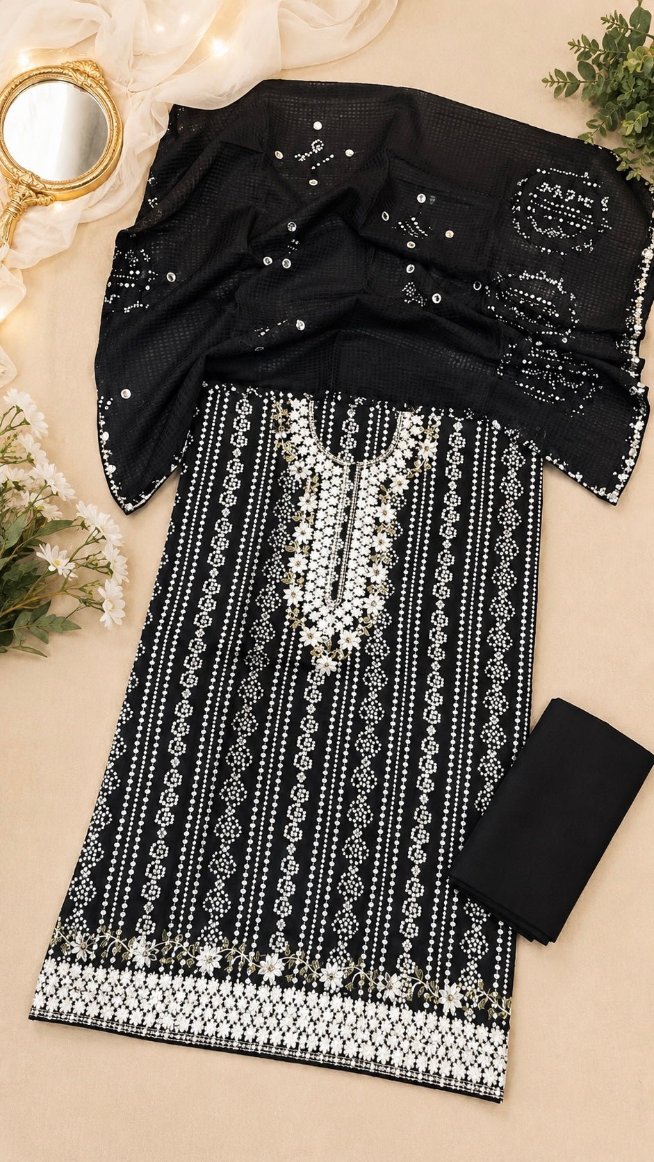 Lawn Cotton Chunri Print White Floral Embroidered Shirt With Handmade Applic Net Karandi Dupatta & Plain Lawn Trouser β 3PC Unstitched Dress π