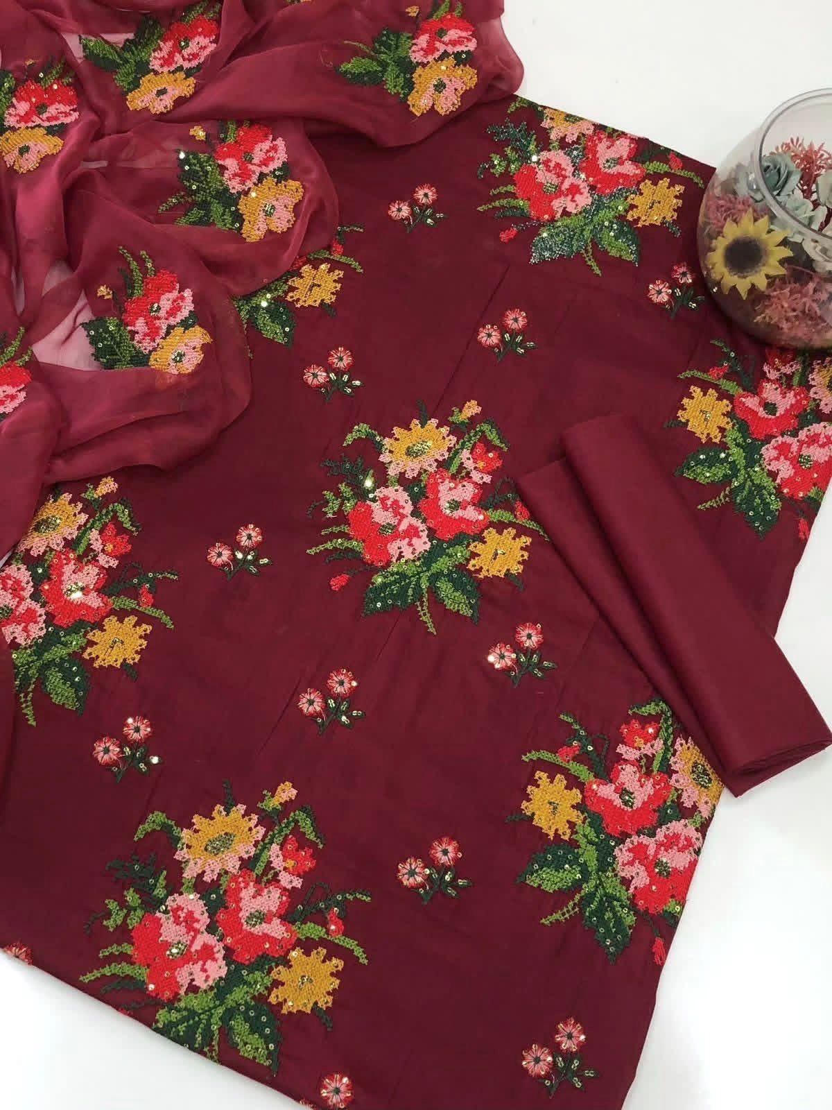 Cross Stitch Floral with Sequence Sitara Embroidery Lawn Cotton with Chiffon Dupatta - 3PC Unstitch Dress π