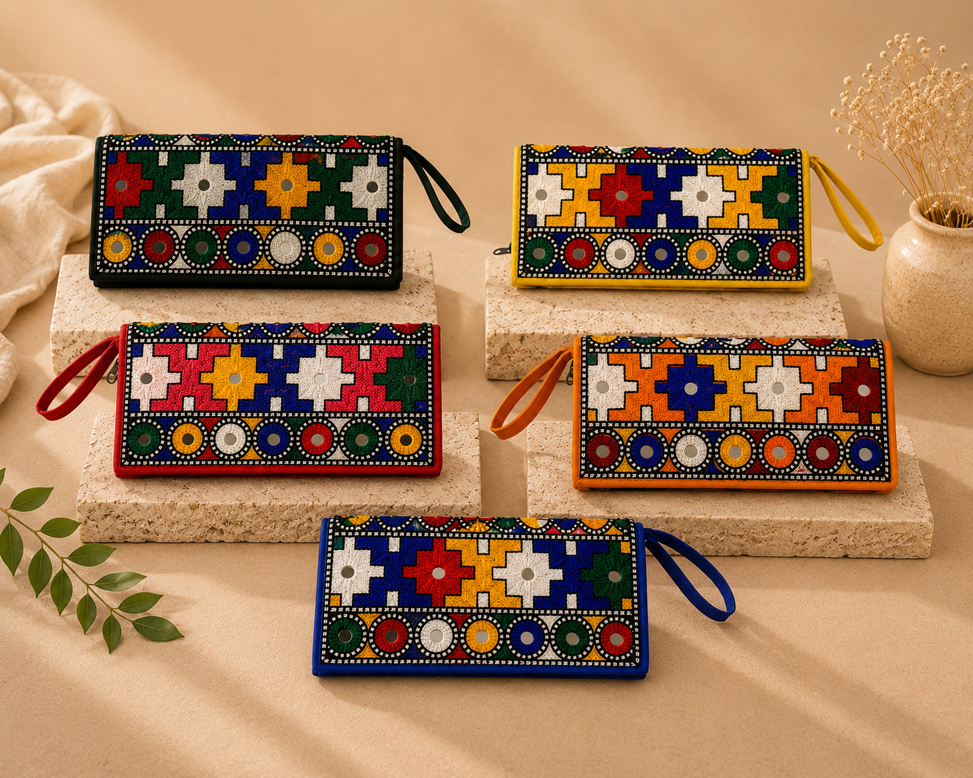 Traditional Multi-Aari Sitara Embroidered Mobile & Cash Clutches for Women (Pack of 2)
