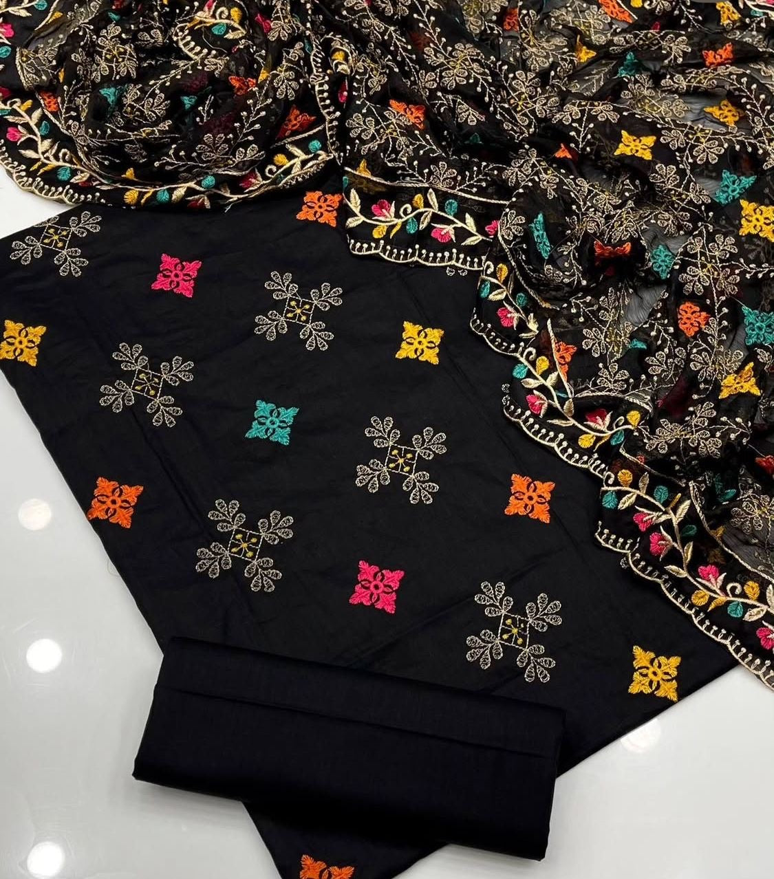 Black Multi Flower Embroidered 3pc Unstitch Dress